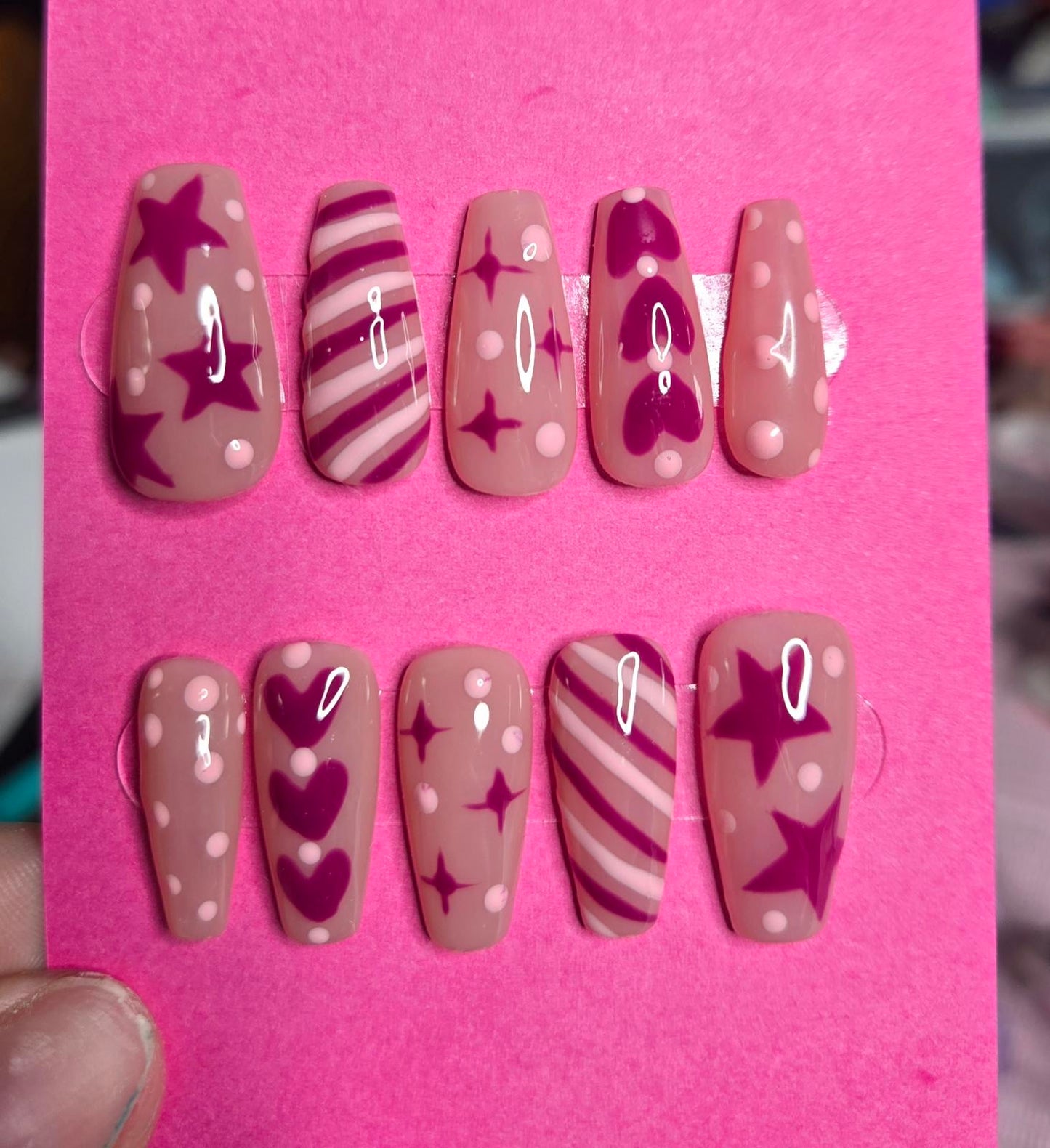Pink and magenta stars and hearts nails custom made