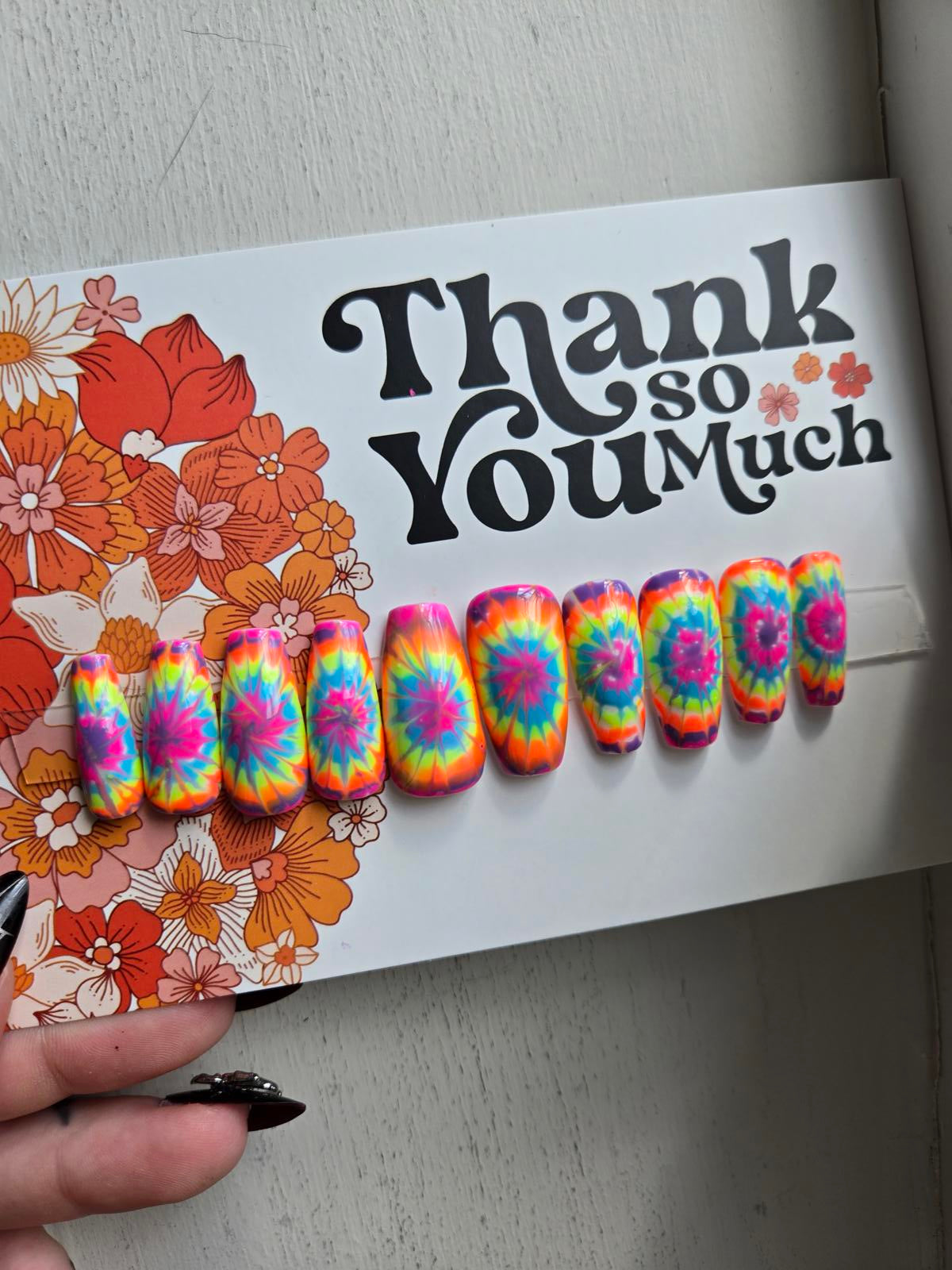 Summertime bright tie dye nails custom made