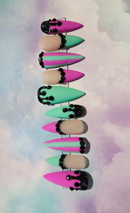 Matte pastel stiletto drippy nails custom made