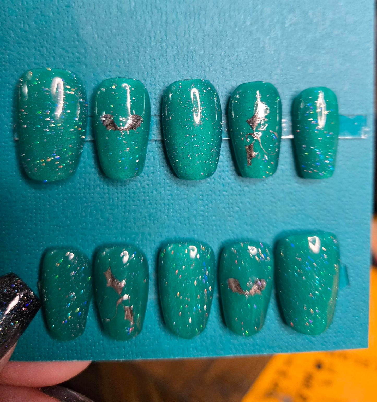 Green glitter dragon decal nails custom made
