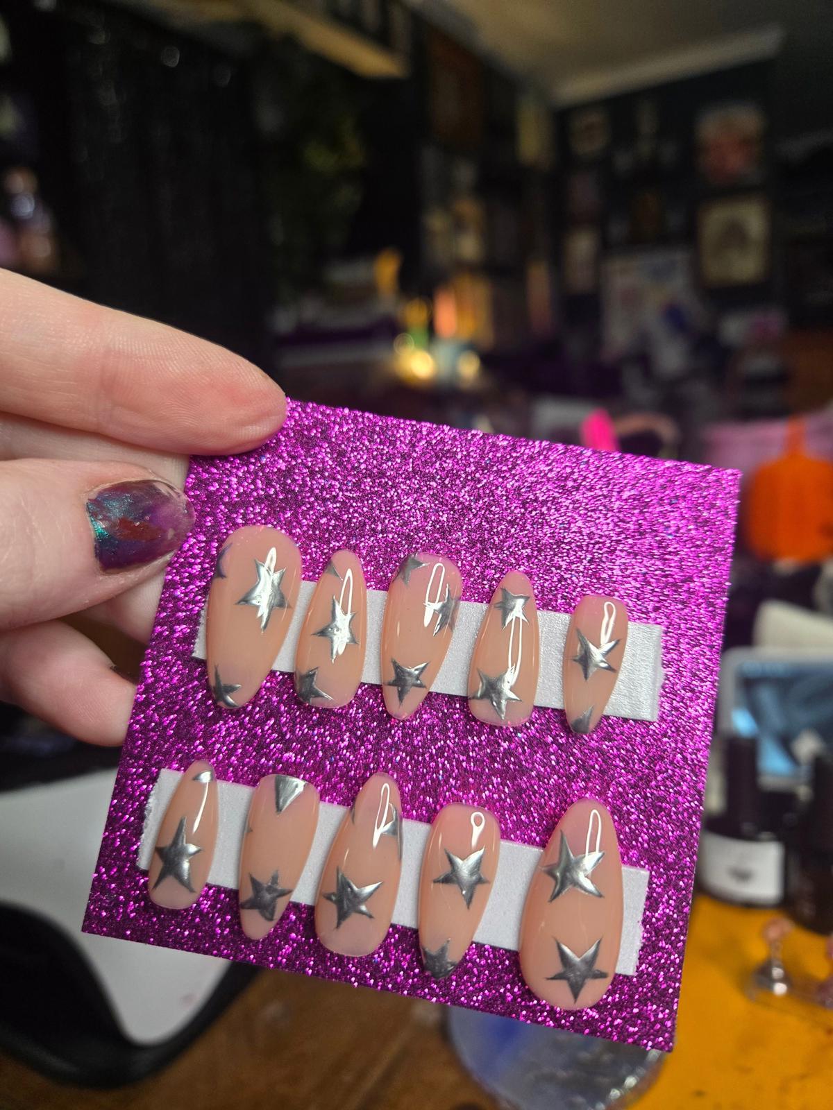 metallic starry handmade press on nails