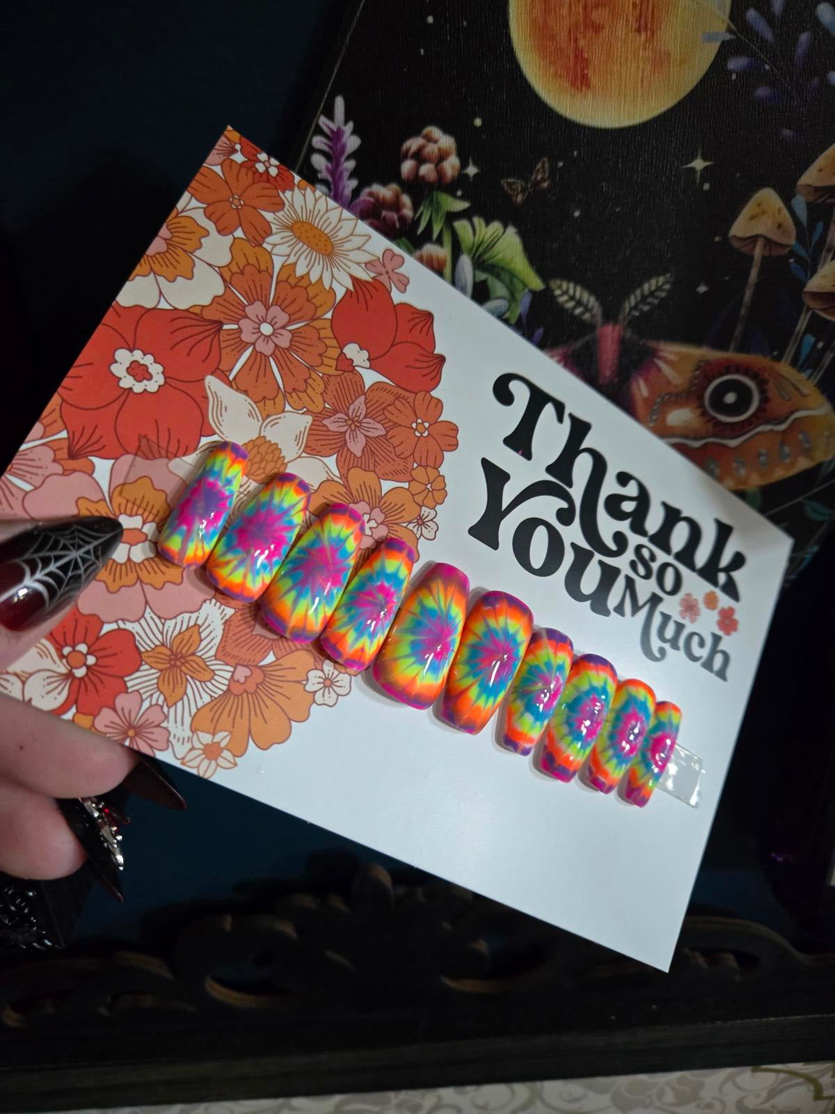 Summertime bright tie dye nails custom made