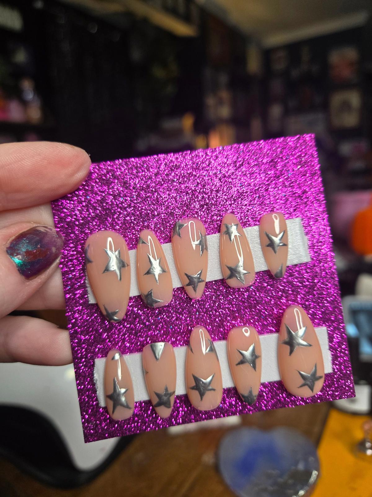 metallic starry handmade press on nails