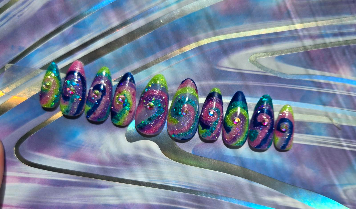 Glitter trippy galaxy nails custom made