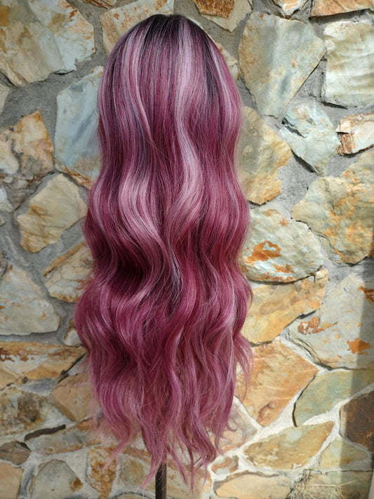 Raspberry highlights wavy long lace front wig