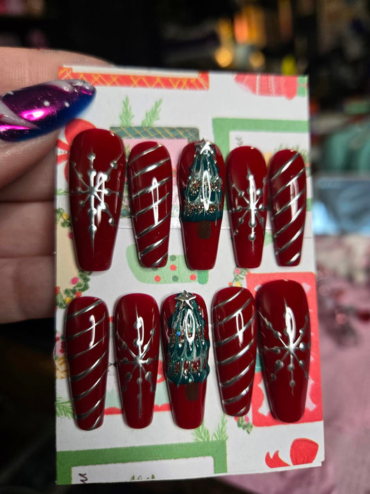 Red and silver christmas press on nails custom made