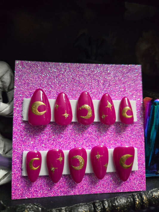Magenta and gold moons and stars nails custom made