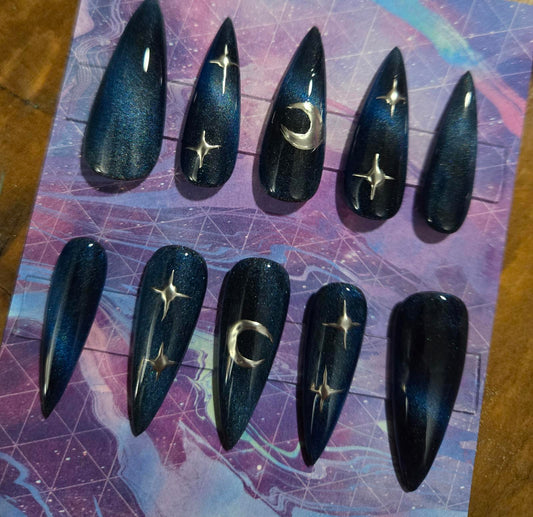 Celestial blue cats eye stiletto press on nails custom made