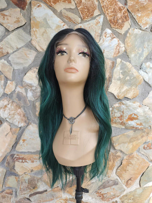 Emerald green wavy lace front wig with dark roots