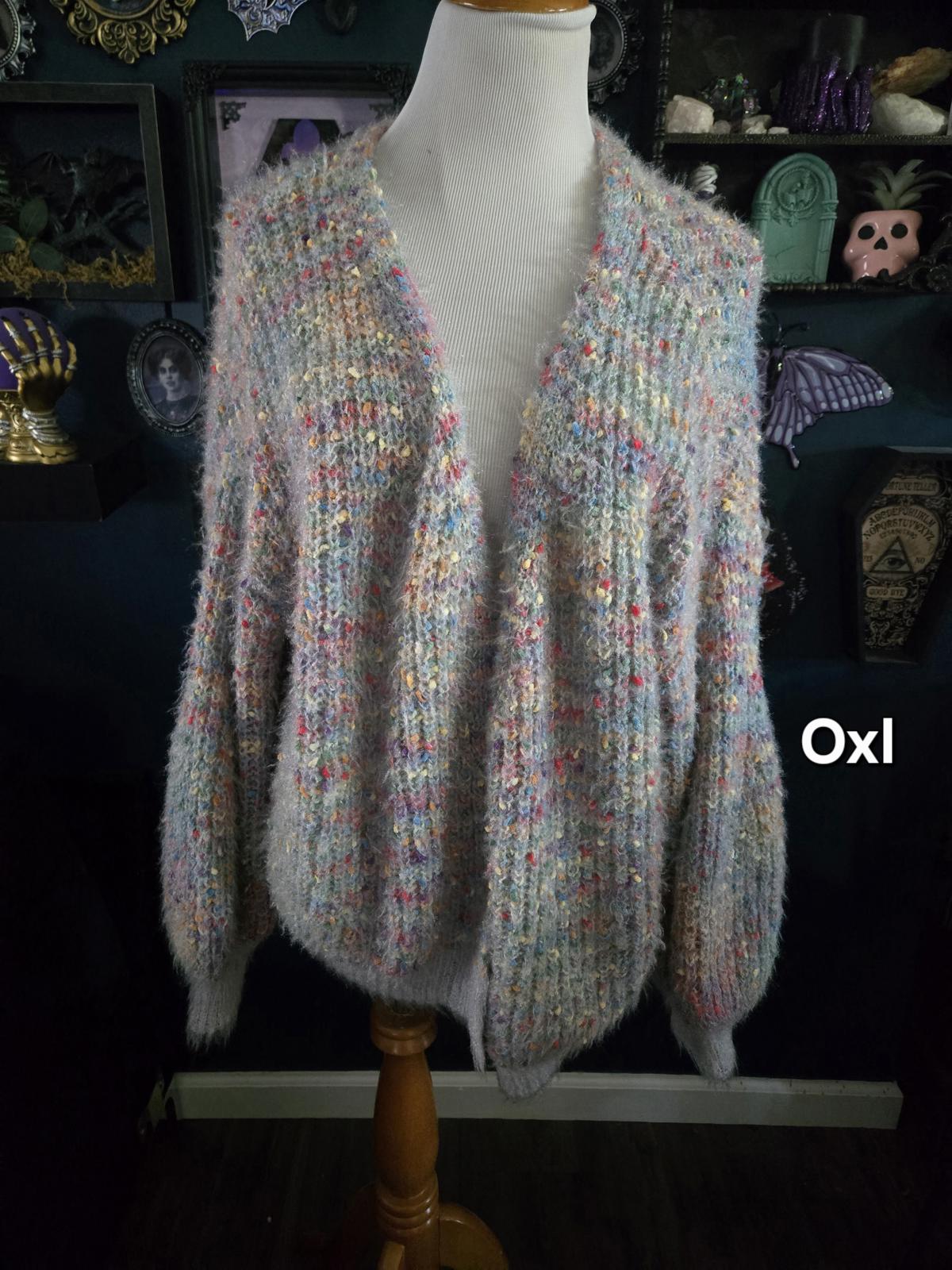 Pastel rainbow fuzzy popcorn knit open front cardigan