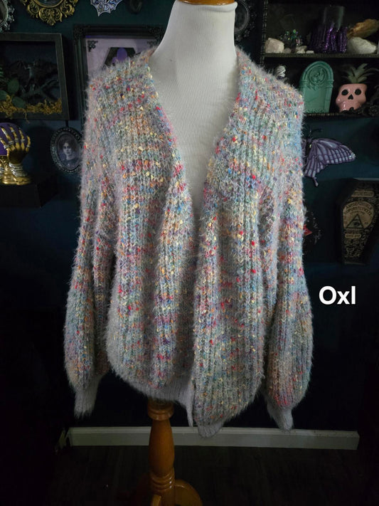 Pastel rainbow fuzzy popcorn knit open front cardigan