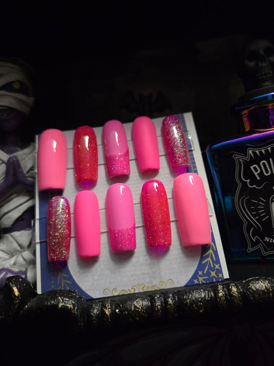 Square multi pink and glitter press on nails custom made