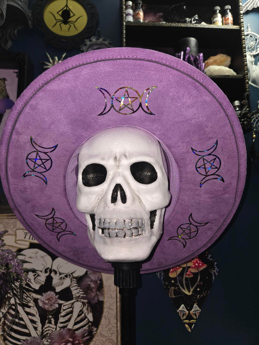 Purple vegan suede wide brim fedora hat with rainbow moon & pentagram
