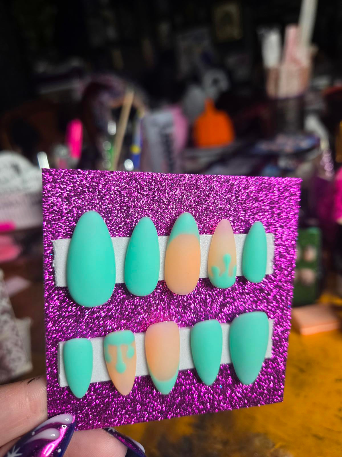 Matte turquoise drippy press on nails custom made