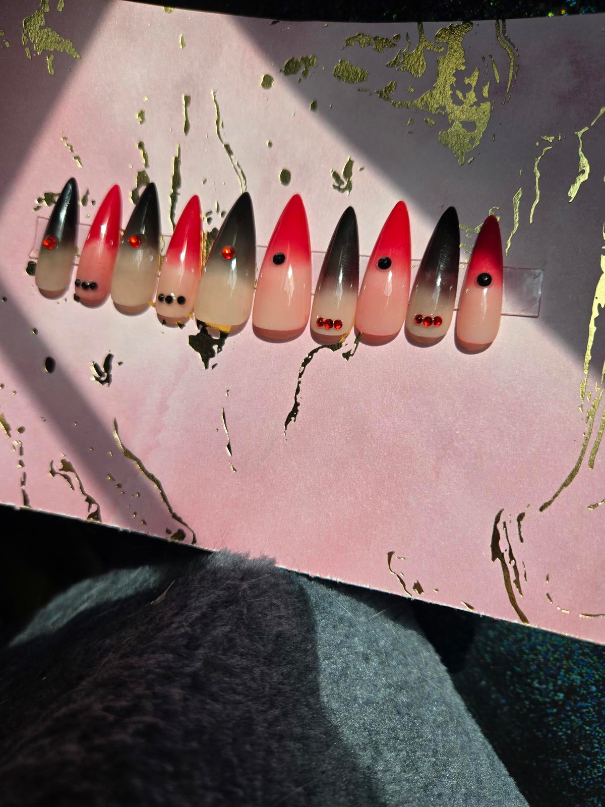handmade stiletto red and black ombre gothic press on nails