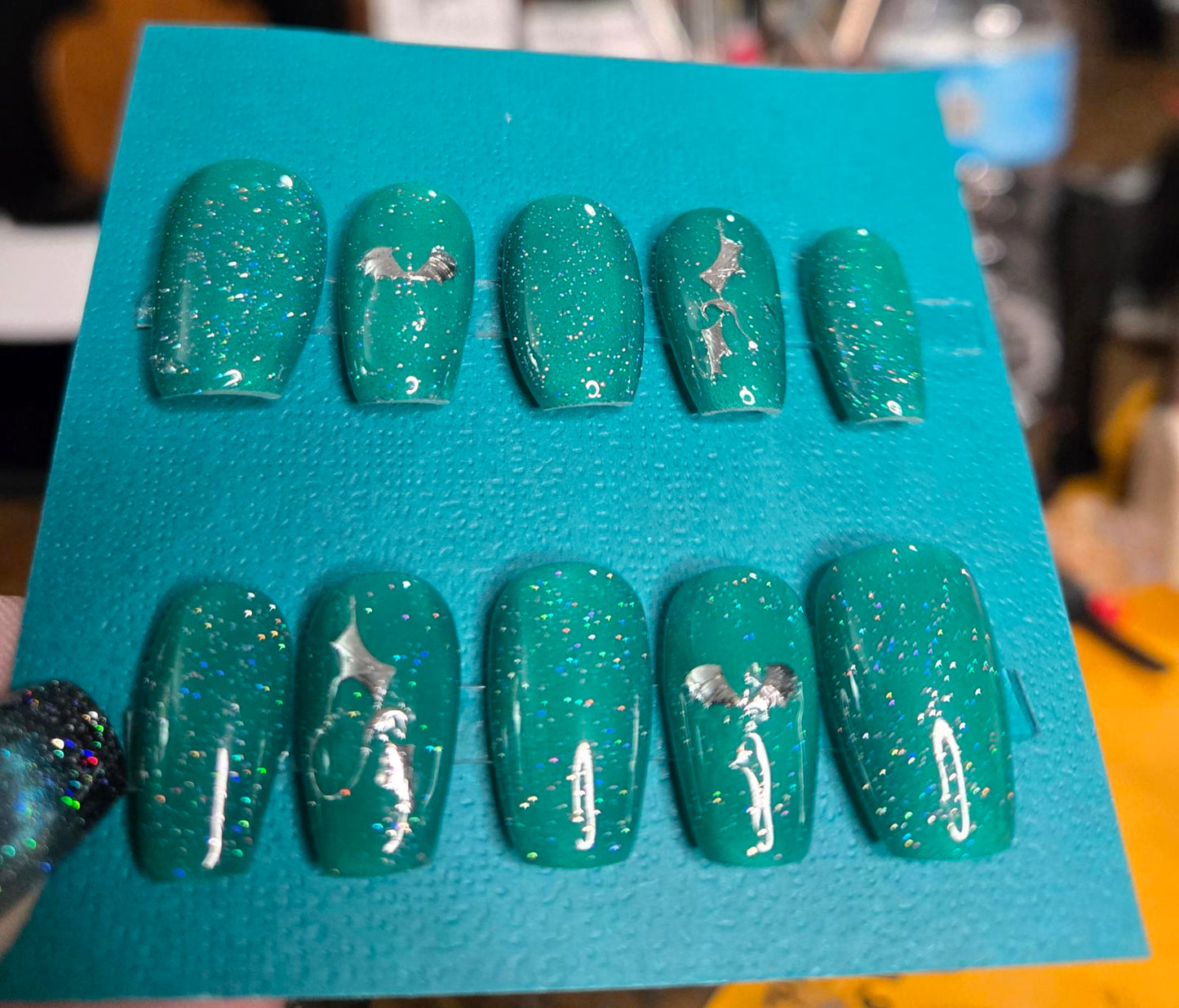 Green glitter dragon decal nails custom made