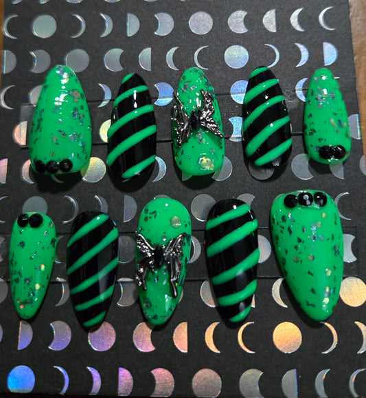 Green and black almond press on nails custom made