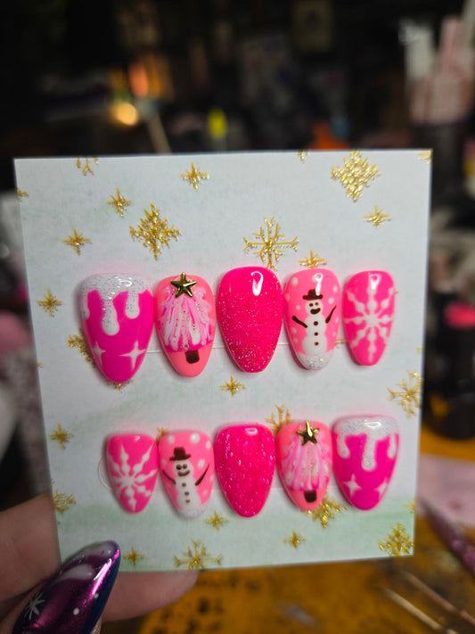 Almond pink Christmas press on nails custom made