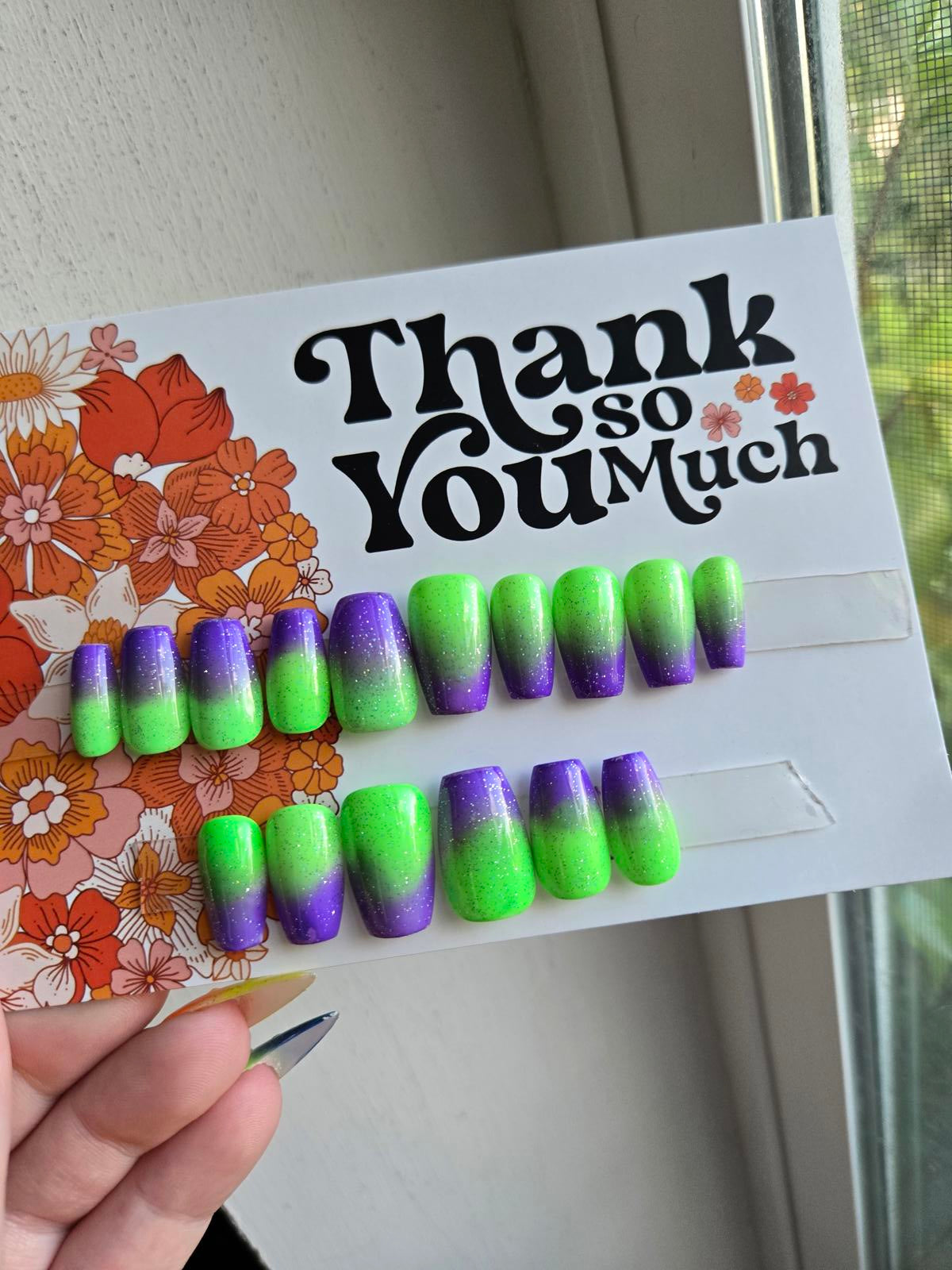 Purple to green ombre nails custom made