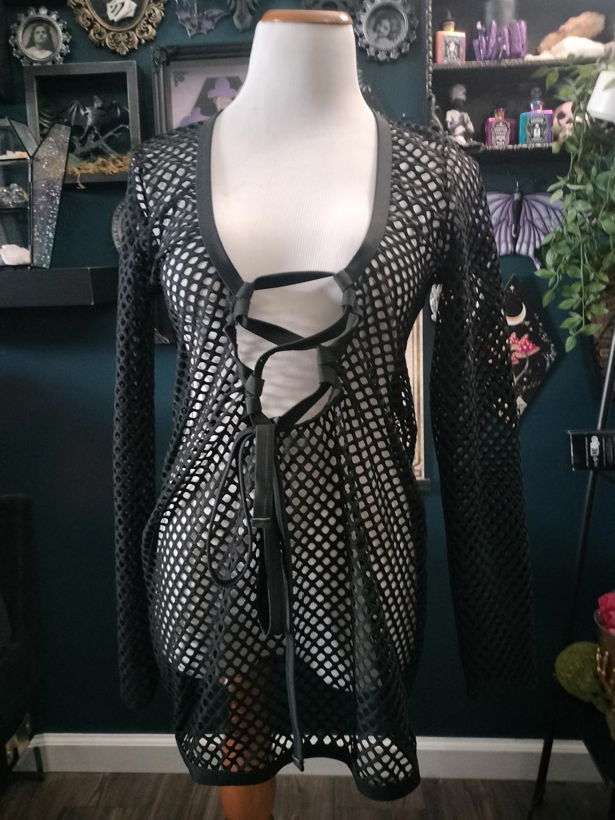 Fishnet black beach swim coverup lace up front
