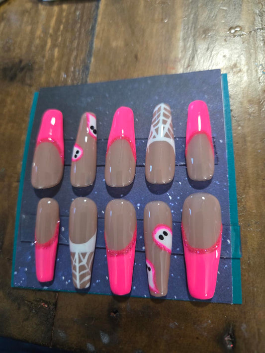 Girly ghost pink halloween french press on nails custom made