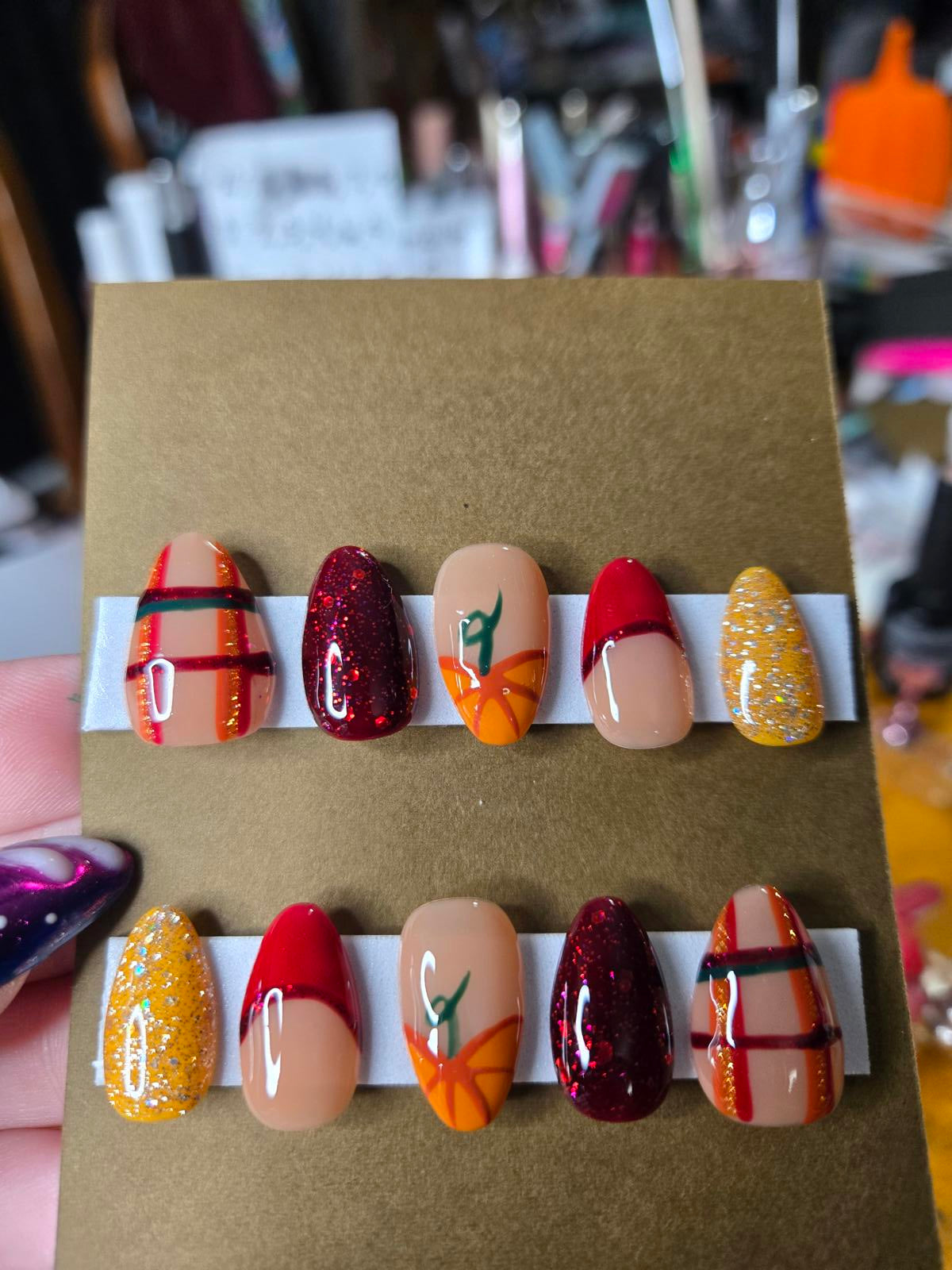 Fall thanksgiving pumpkin plaid nails custom made