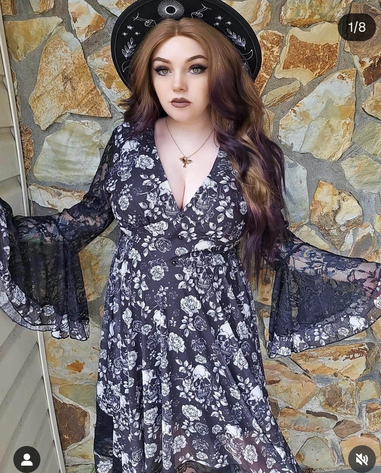 Gothic long sleeve lace dress with skulls and floral print