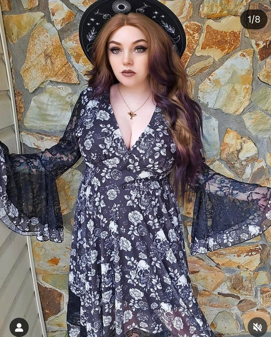 Gothic long sleeve lace dress with skulls and floral print