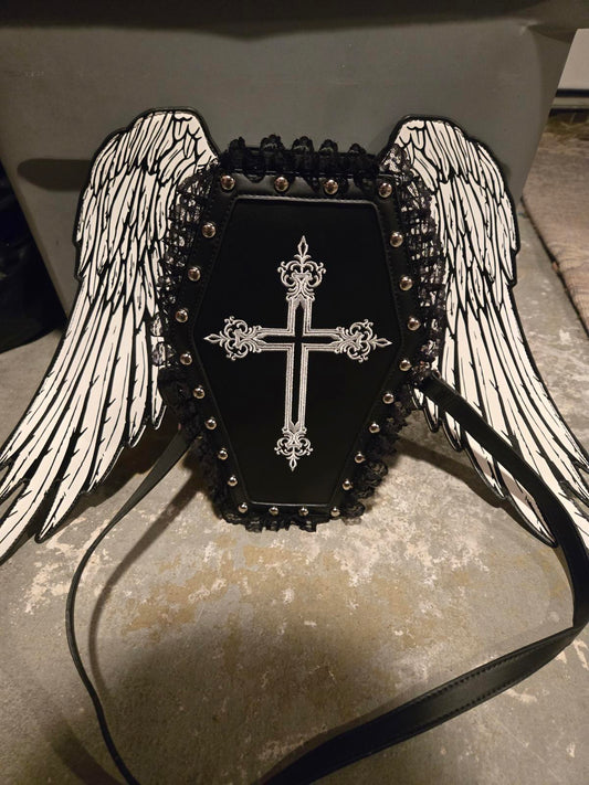Dolls kill coffin shaped lace and studded handbag with detachable wings