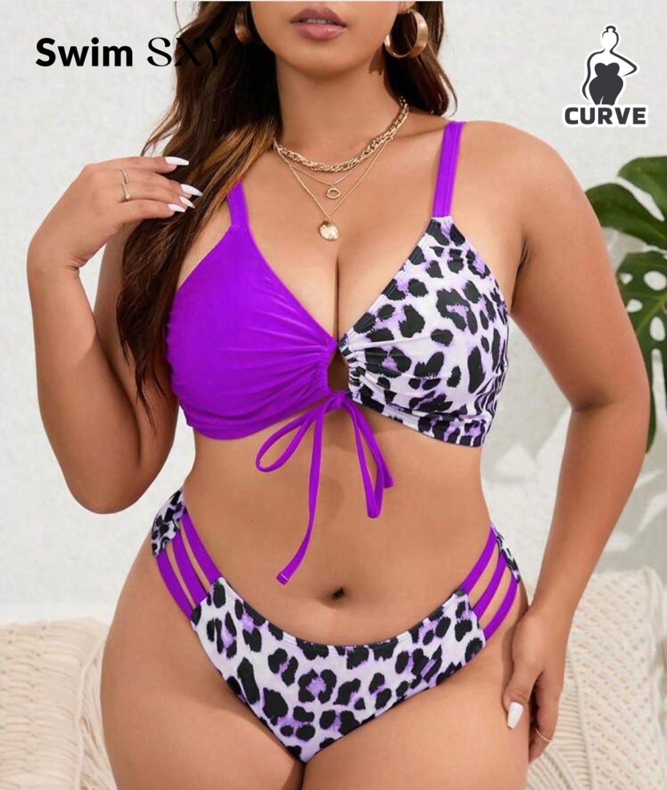 Purple leopard color block bikini swimsuit