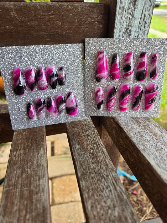 Pink black and white marble nails custom made