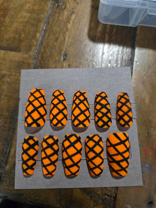 Halloween fishnet coffin press on nails custom made