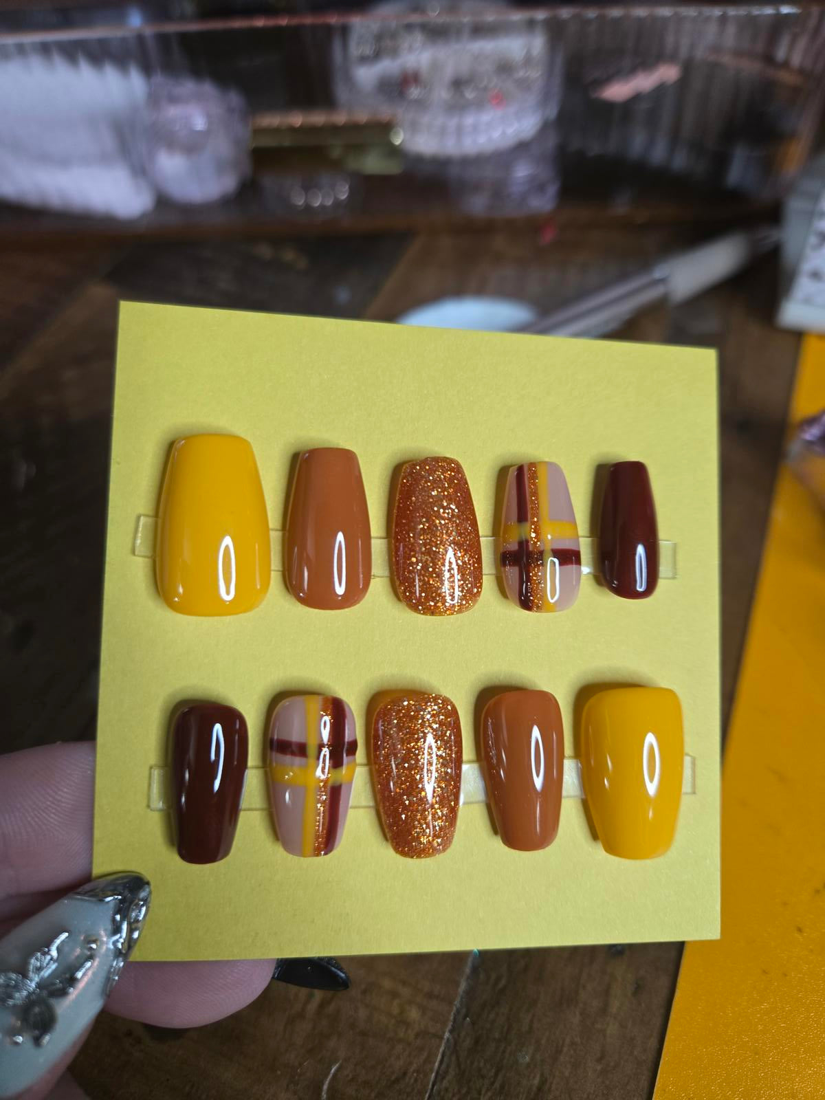 Fall plaid and glitter press on nails custom made