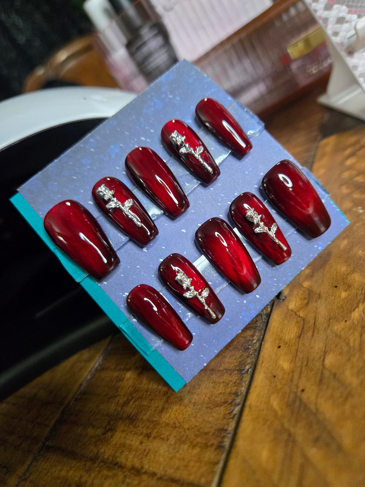 Ruby red cats eye and roses press on nails custom made