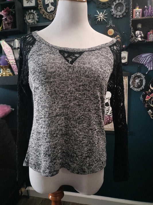 Grey top with black lace sleeves