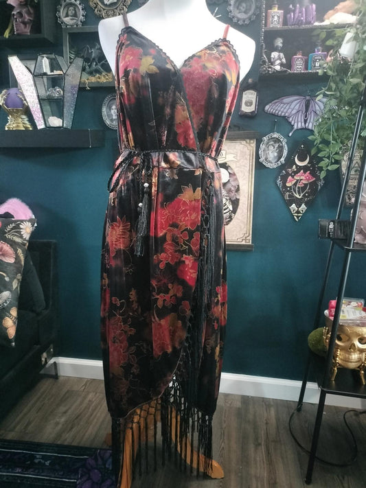 Whimsigoth black and floral velvet dress with fringe