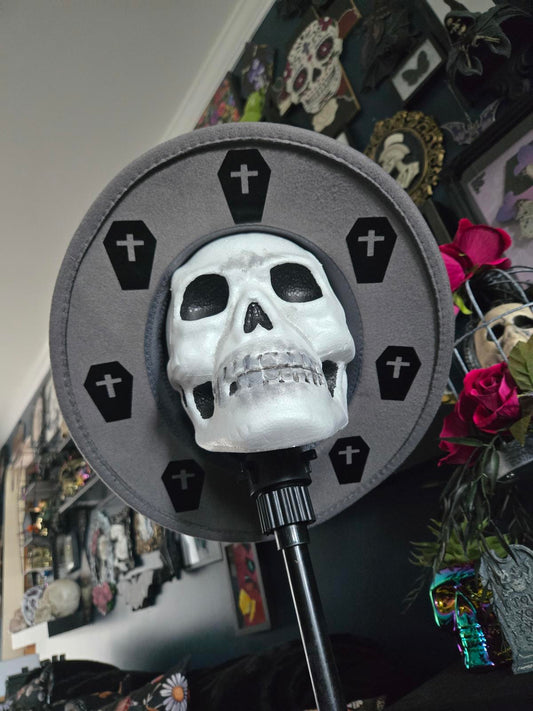 Grey fedora hat with coffin designs