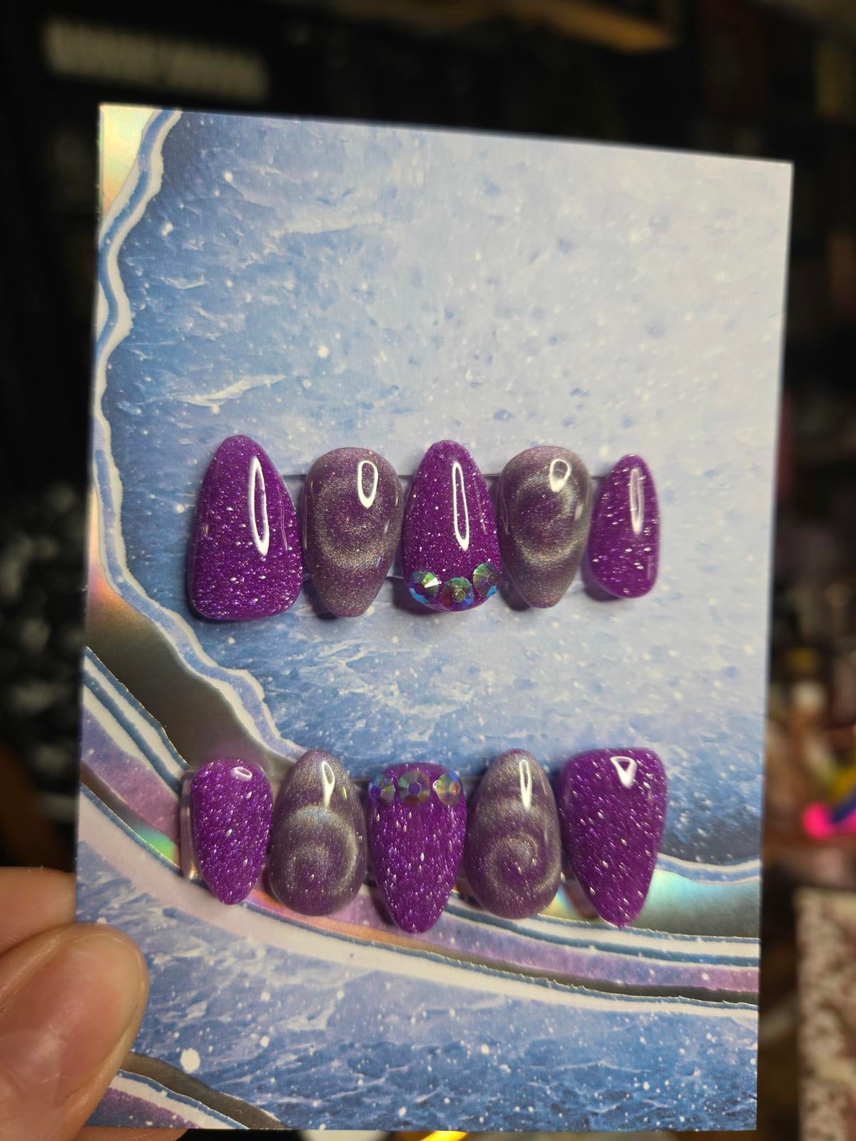 Purple glitter and swirl almond press on nails custom made