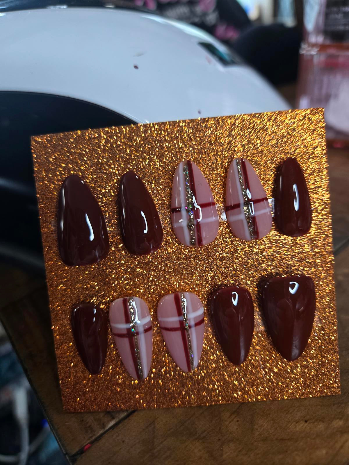Fall plaid dark press on nails custom made