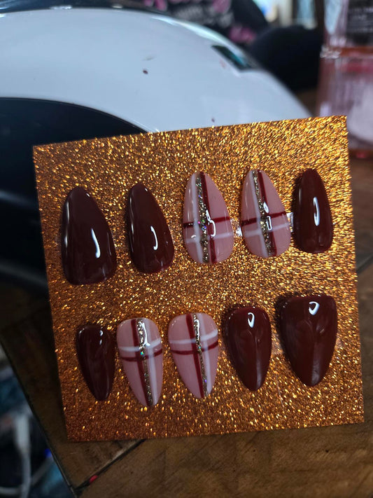 Fall plaid dark press on nails custom made
