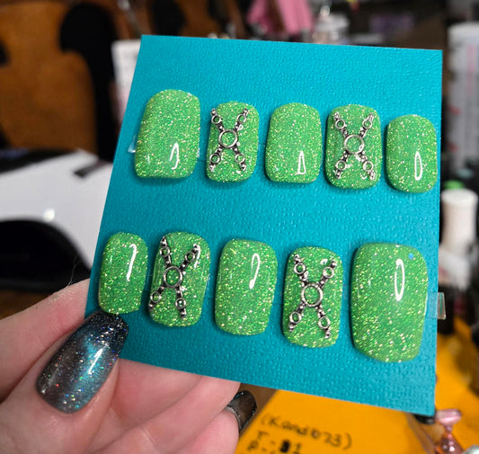Green reflective glitter bondage nails custom made