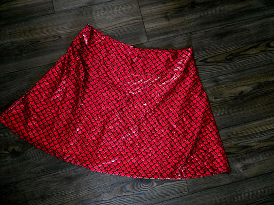Red metallic mermaid scale skater skirt