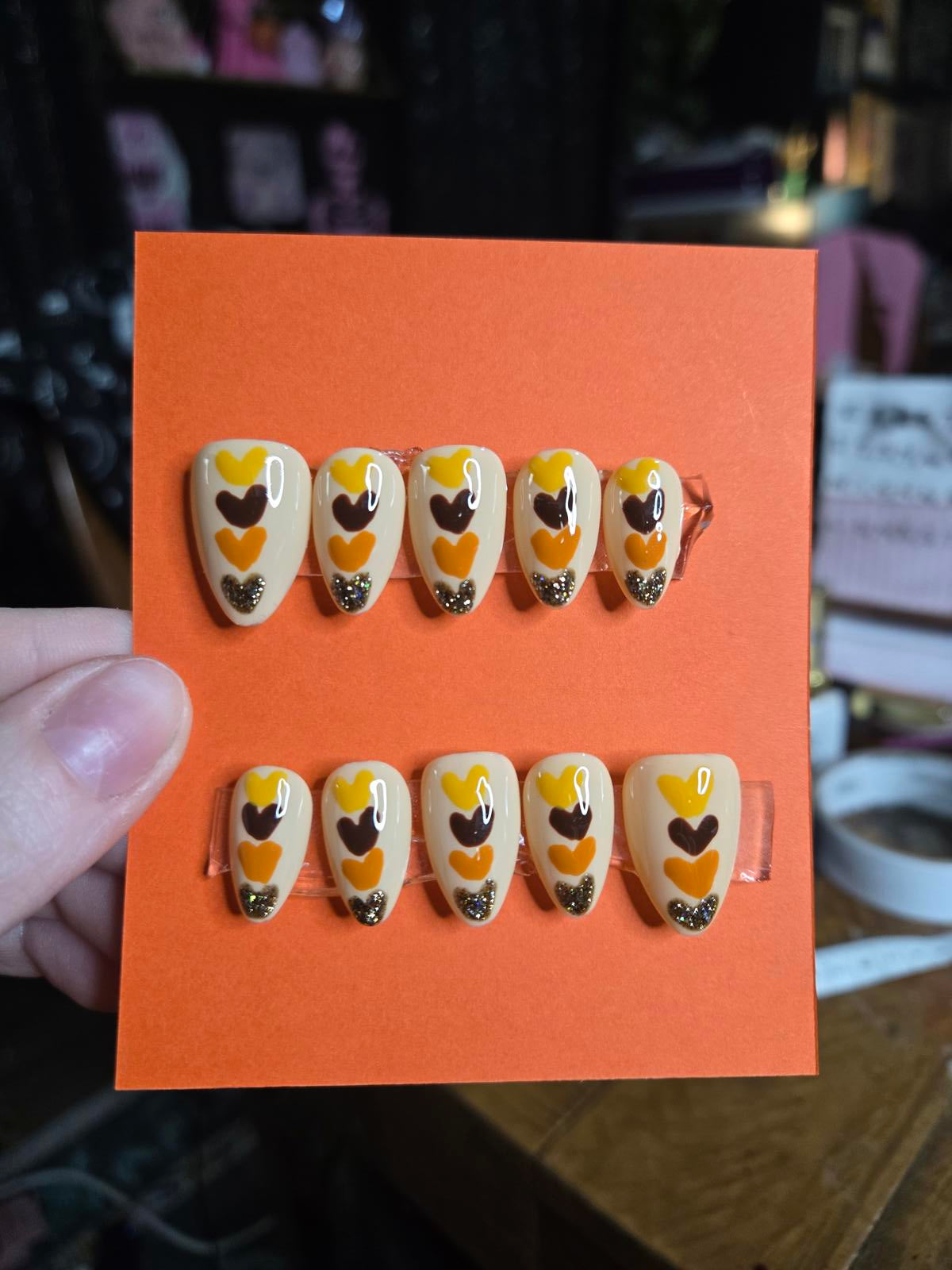 Fall mocha hearts press on nails custom made