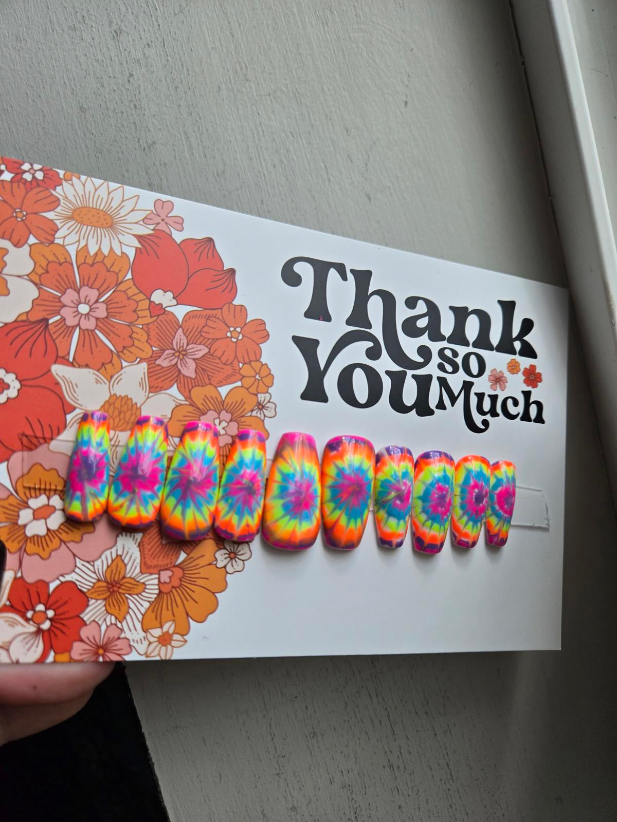 Summertime bright tie dye nails custom made