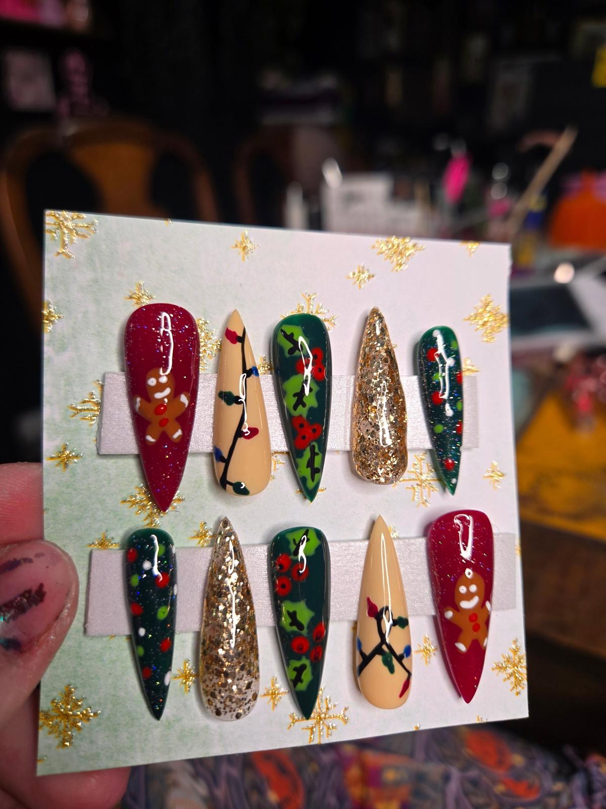 gingerbread lights Christmas handmade press on nails