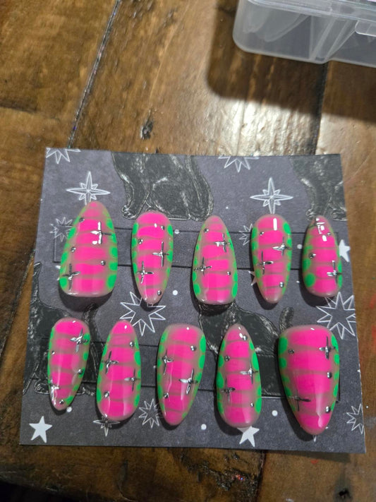 Pink and green almond press on nails custom made