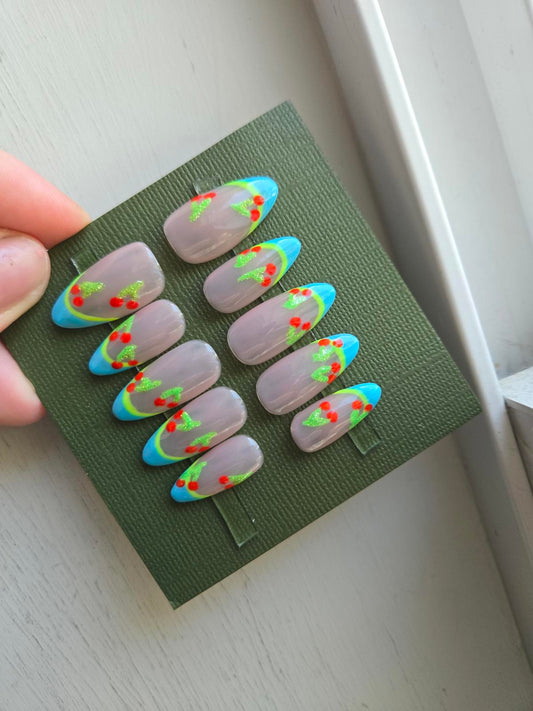 Cherry blue and nude french nails custom made
