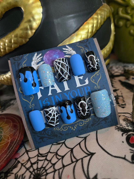 Spooky blue halloween press on nails custom made