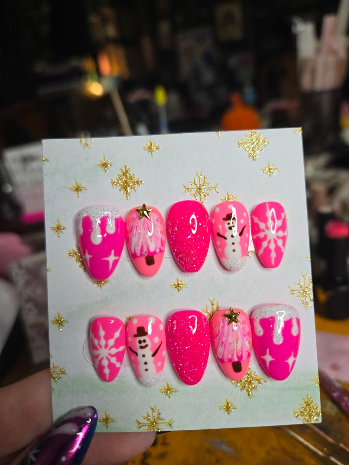 Almond pink Christmas press on nails custom made