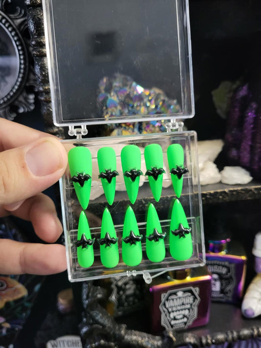 Neon green stiletto press on nails with bats custom made